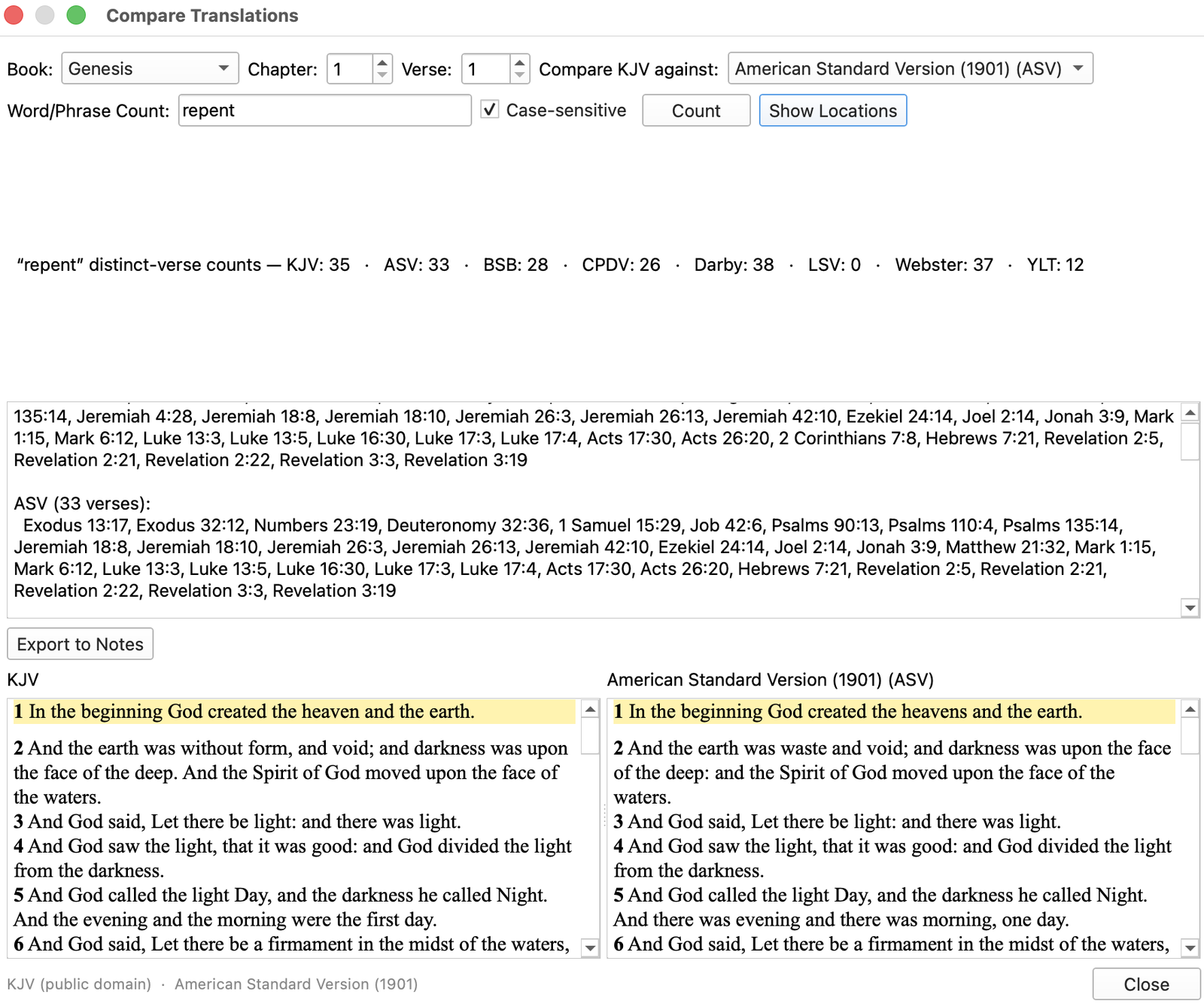 The Compare window counting the word repent across all eight translations, with the verse list for each translation, above Genesis 1 in the King James Version and the American Standard Version side by side