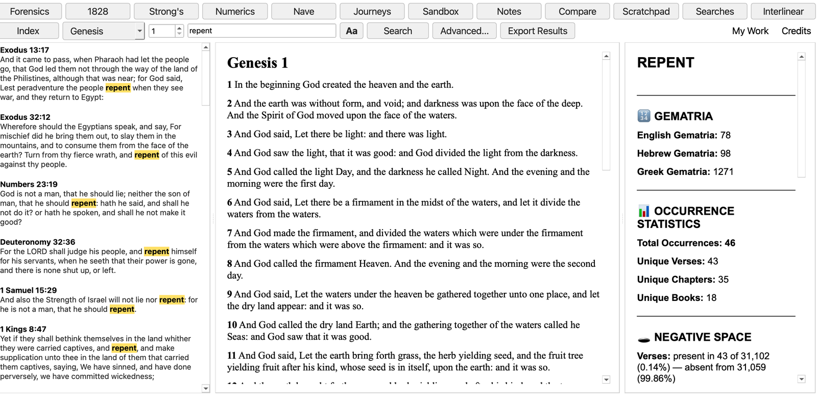 The main window with a Forensics profile for repent: English gematria 78, Hebrew 98, Greek 1271, 46 occurrences in 43 verses across 35 chapters and 18 books