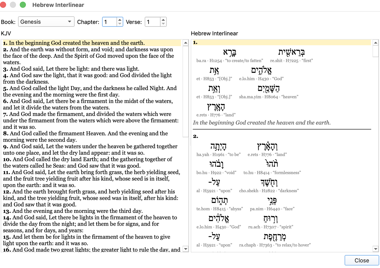 The Hebrew Interlinear window at Genesis 1:1, with the King James text on the left and each Hebrew word on the right with its transliteration, Strong’s number and meaning
