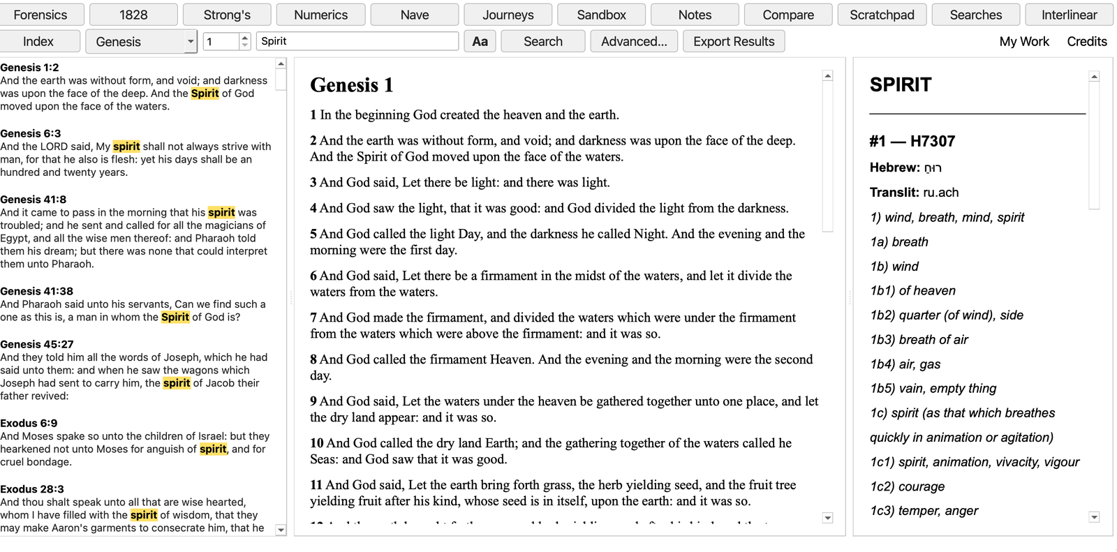 The Living Word main window: search results for Spirit on the left, Genesis chapter 1 in the center, and the Strong’s entry for the Hebrew word ruach, H7307, on the right