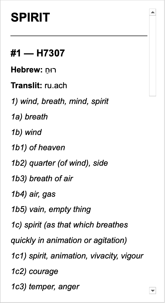 The Strong’s entry for Spirit: H7307, Hebrew ruach, with its numbered definitions beginning wind, breath, mind, spirit